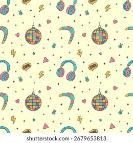 Patrón sin fisuras con bola de discoteca, auriculares, boomerang y Elementos de doodle en estilo de dibujos animados retro brillante