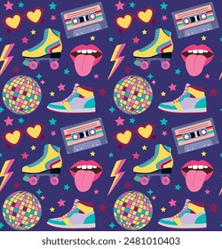 Seamless pattern with disco ball, retro roller skates, sneakers, stars and heart shaped sunglasses. Vector colorful background with vintage objects.	