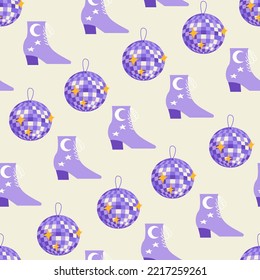 Seamless pattern with disco balls and cowboy boots. Vector flat background. Party, celebration, psychedelic, cowgirl disco concept