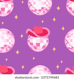 Seamless pattern with disco balls and cowboy hat. Vector flat background in cowgirl disco concept