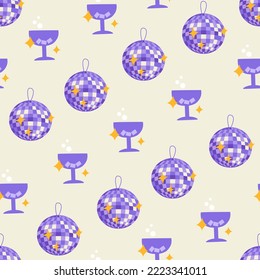 Patrón sin inconvenientes con bolas disco y vidrio martini. Fondo plano vectorial. Fiesta, celebración, concepto disco.