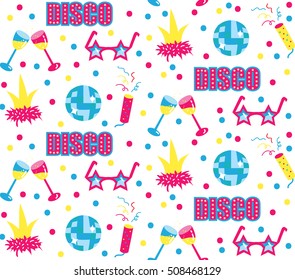 Seamless pattern with disco club party elements, Disco ball, confetti and champagne, retro 90s style background