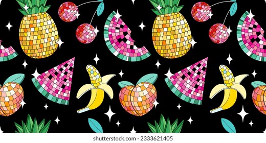 Seamless pattern with disco mirror ball fruits in cartoon style. Vector funky illustration.