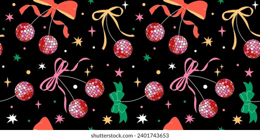 Seamless pattern with Disco mirror ball cherry with bow in cartoon style. Cute trendy design. Vector funky illustration. Ballet-core, coquette-core background.  