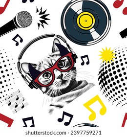 Seamless pattern disco music cat with headphones, party vector background