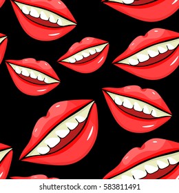 seamless pattern a Disco sexy female lips with teeth on black  vector illustration