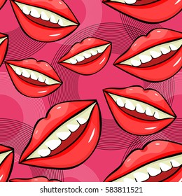 seamless pattern a Disco sexy female lips with teeth  on pink vector illustration