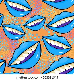 seamless pattern a Disco sexy female blue  lips with teeth  vector illustration