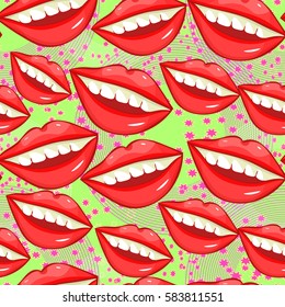 seamless pattern a Disco sexy female lips with teeth on green  vector illustration