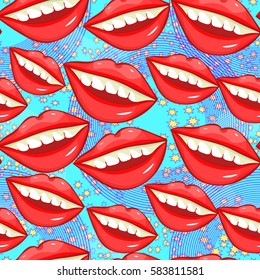 seamless pattern a Disco sexy female lips with teeth  on blue vector illustration