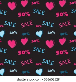 Seamless pattern discounts and hearts on black background