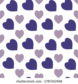 Seamless pattern with discreet purple and dark violet hearts on white background. Vector image. 
