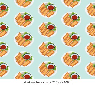 Seamless pattern with a dish of spring rolls. Template for fabric, textile, wallpaper, paper, packaging. Vector illustration