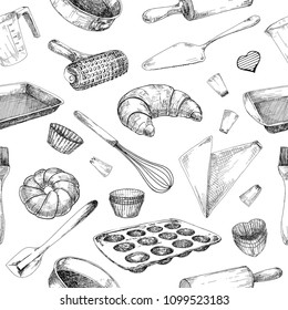 Seamless pattern of dishes for baking. Baking stuff Vector illustration in sketch style.