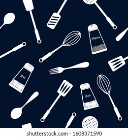 
Seamless pattern: dishes and cutlery in white on a blue background. flat vector. illustration