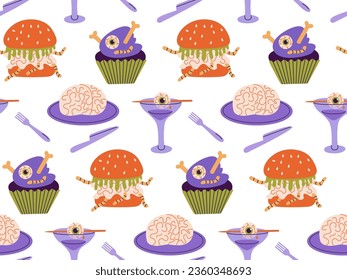 Seamless pattern of dishes for Halloween, weird food. Scary Halloween food of monster eyes, brains, worms.