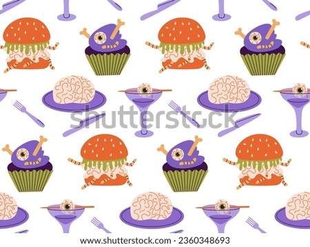 Seamless pattern of dishes for Halloween, weird food. Scary Halloween food of monster eyes, brains, worms.