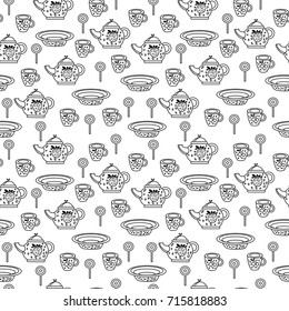 seamless pattern of dishes. kettle, plate, cup