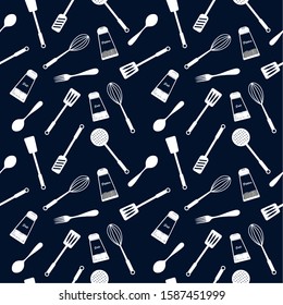 
Seamless pattern: dishes and kitchen utensils in white on a classic blue background. vector. illustration