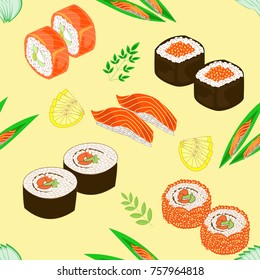 Seamless pattern. Dishes of national Japanese cuisine, sushi, rolls, fish. Suitable as wallpaper in the kitchen, for packing food, gifts. Vector illustration.