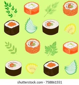 Seamless pattern. Dishes of national Japanese cuisine, sushi, rolls, fish. Suitable as wallpaper in the kitchen, for packing food, gifts. Vector illustration.