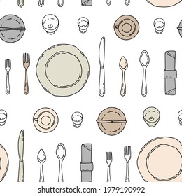 Seamless pattern with dishes, plates, spoons and forks on a white background. Cutlery in hand drawn style.