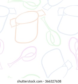 Seamless pattern of dishes,objects, doodles,saucepan, pan. Hand drawn.