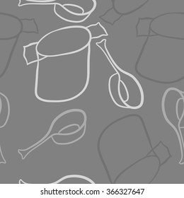 Seamless pattern of dishes,objects, doodles,saucepan, pan. Hand drawn.