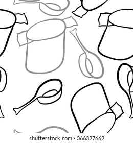 Seamless pattern of dishes,objects, doodles,saucepan, pan. Hand drawn.