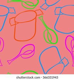 Seamless pattern of dishes,objects, doodles,saucepan, pan. Hand drawn.