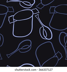 Seamless pattern of dishes,objects, doodles,saucepan, pan. Hand drawn.