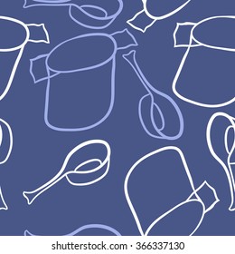 Seamless pattern of dishes,objects, doodles,saucepan, pan. Hand drawn.