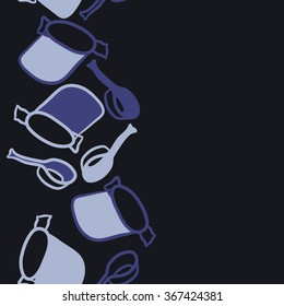 Seamless pattern of dishes,objects, doodles,saucepan, pan, vertical,copy space. Hand drawn.