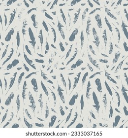 Seamless pattern with disheveled feathers on grunge backdrop. Monochrome vector background with chaotic scattered bird plumelets in boho style. Creative wallpaper, wrapping paper or fabric design