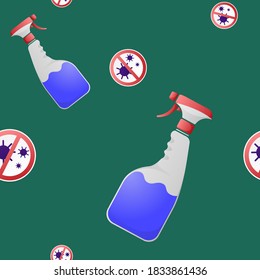 Seamless pattern of disinfectant. White spray bottle with liquid for cleaning and disinfect. Isolated simple flat illustration with anti-virus icon