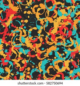 Seamless pattern. Disorderly blots. Spray paints. Grungy textiles. Coloring for children's clothing. Camouflage. Cartoon. Flat.