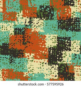 Seamless pattern. Disorderly patches. Perforated squares.  Chaos of colors. Fashion camouflage.