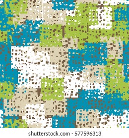 Seamless pattern. Disorderly patches. Perforated squares.  Chaos of colors. Fashion camouflage.