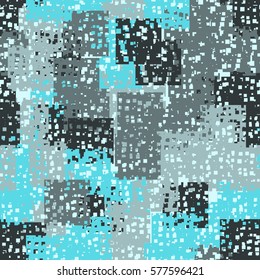 Seamless pattern. Disorderly patches. Perforated squares.  Chaos of colors. Fashion camouflage.