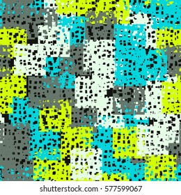 Seamless pattern. Disorderly patches. Perforated squares.  Chaos of colors. Fashion camouflage.