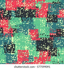 Seamless pattern. Disorderly patches. Perforated squares.  Chaos of colors. Fashion camouflage.