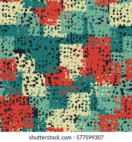 Seamless pattern. Disorderly patches. Perforated squares.  Chaos of colors. Fashion camouflage.