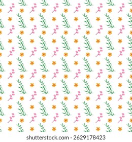 A seamless pattern displaying pink blossoms, orange flowers, and green leaves on a clean white background, perfect for fabric, wallpaper, or digital designs with a floral and natural theme.