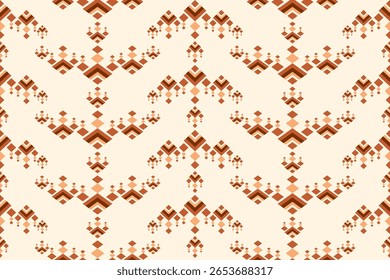 A seamless pattern displaying repeated motifs of brown and orange geometric diamond and chevron shapes on a light beige background The design evokes an abstract tribal and ethnic aesthetic