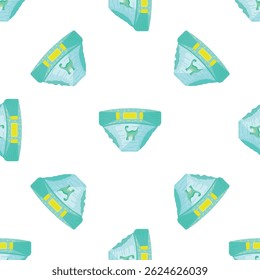 Seamless pattern with disposable baby diapers showing a cute green dinosaur print, perfect for projects related to baby care, hygiene, and parenting