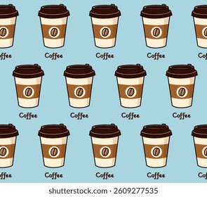 Seamless pattern disposable coffee cup. Vector background with takeaway coffee icon. Takeaway coffee print on blue background. For printing, design