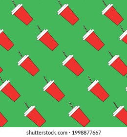 Seamless pattern of disposable red cups with lid and straw on a green background