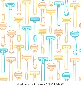 Seamless pattern with disposable shaving razors, hair removal tools, line art, linear drawing, vector illustration on white background. Simple simpless pattern with multi-colored shaving razors