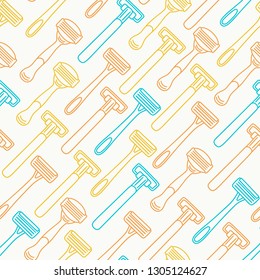 Seamless pattern with disposable shaving razors, hair removal tools, located diagonally, vector illustration on white background. Simple simpless pattern with multi-colored shaving razors