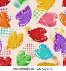 Seamless pattern with distorted hearts, circular halftone shapes. 60s, 70s hippie groovy retro style. Grunge vintage texture. For prints, clothing, t shirt, textile, surface design.